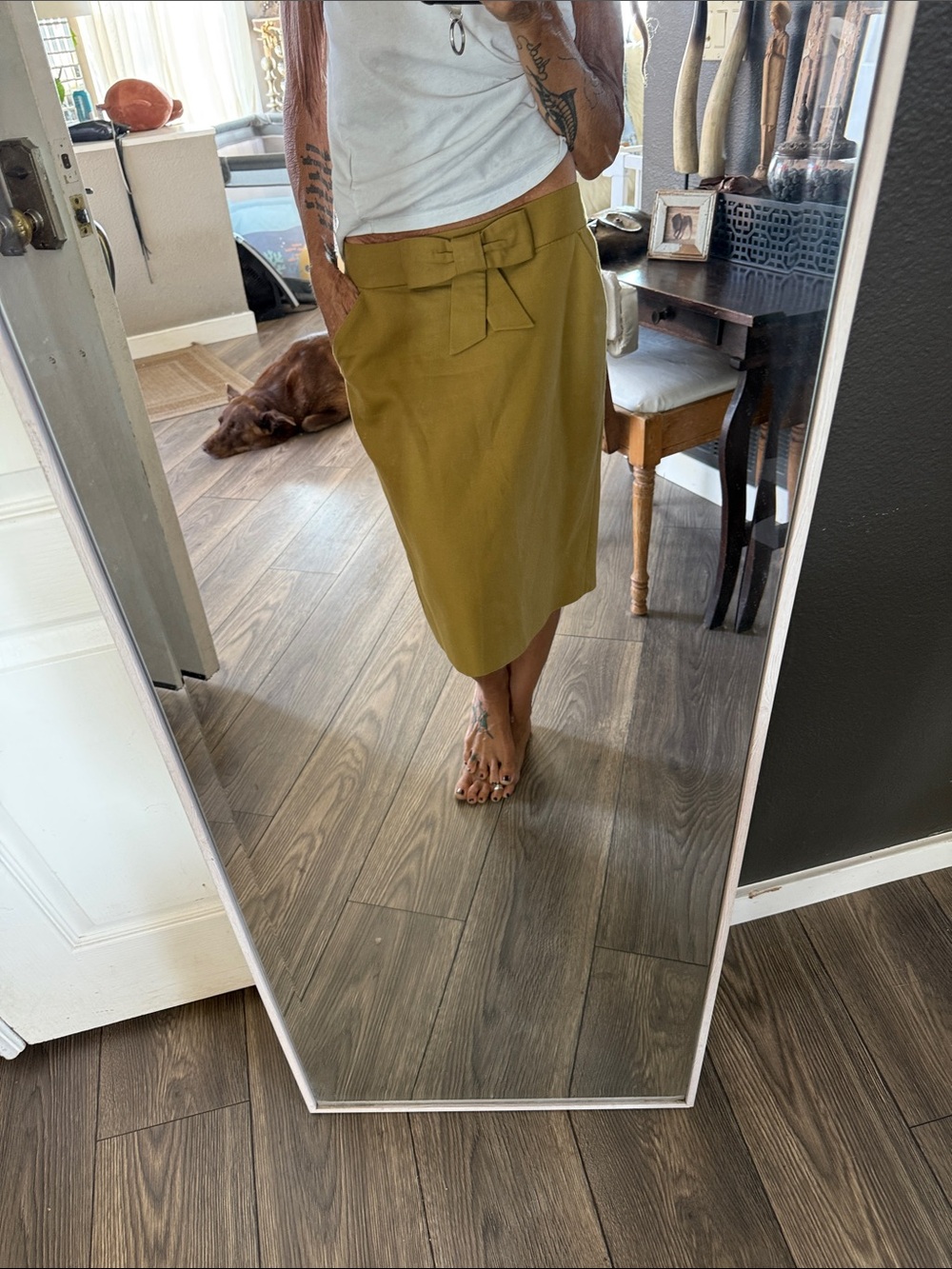 J. Crew Olive Pencil Skirt with Front Bow size 4100% cotton